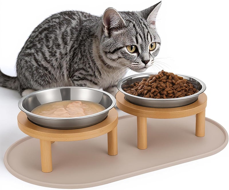 Summark Elevated Cat Bowls with Food Mat,6.3 Inches Shallow Raised Bowls Whisker Friendly,2 Stainless Steel Cat Food and Water Dishes for Cats and Puppies,Dishwasher Safe - Image 1